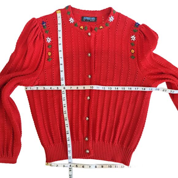 Pfister Austria Vintage Tyrolean Cardigan Sweater Red Floral Folk Embroidered L - Picture 7 of 11